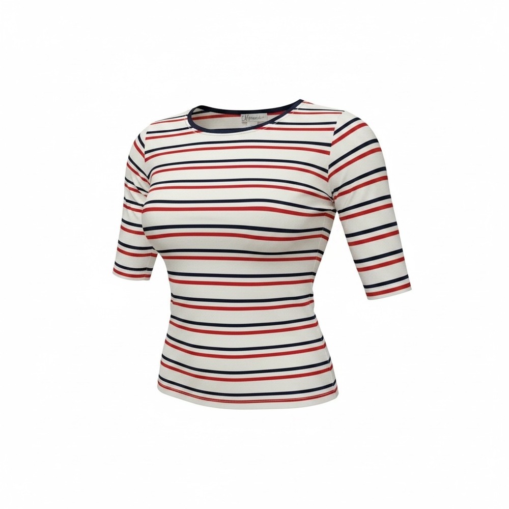Dressbarn Woman Red Navy White Striped Cotton Boat Neck Top Elbow Sleeve 14/16